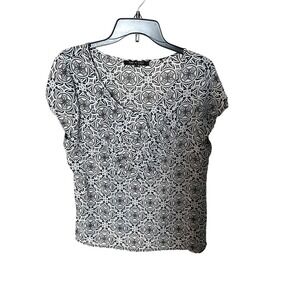 Violet & Claire Blouse Top Black White Geometric Print Short Sleeve L